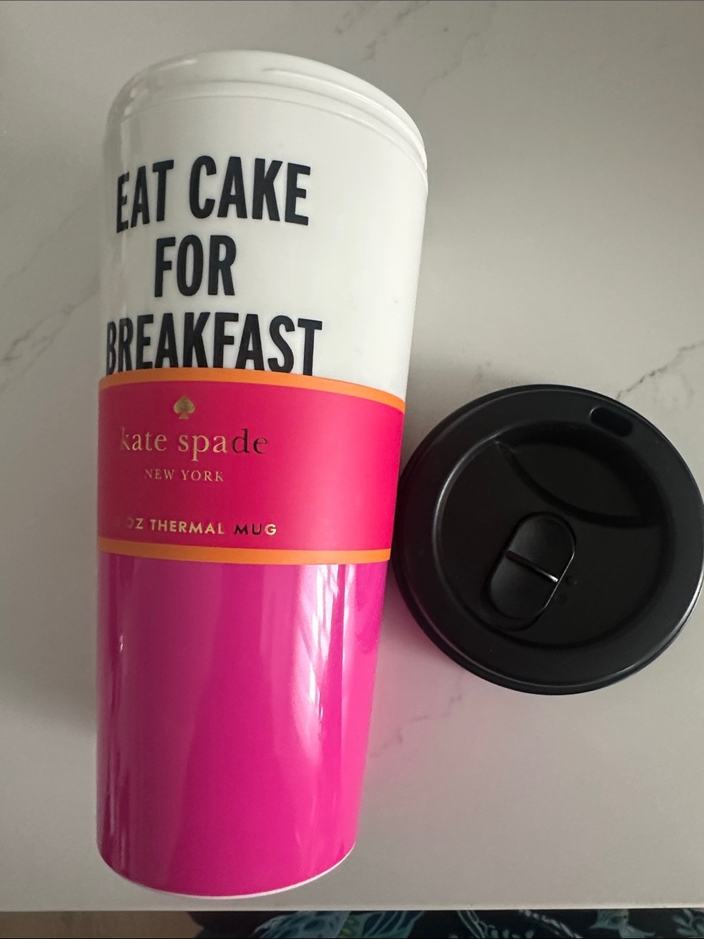 NWT kate spade White, Hot Pink & Black 'Eat Cake for Breakfast' Travel Mug - Picture 10 of 10